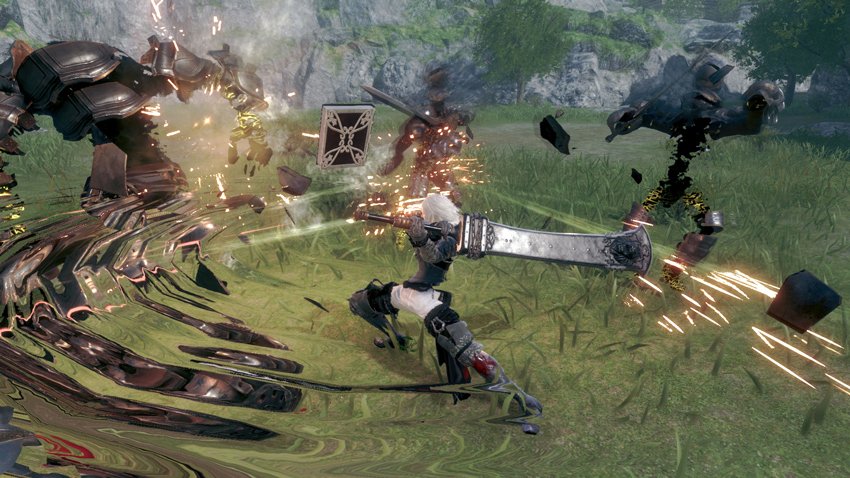 The main character is seen unleashing a heavy physical attack with his sword in Nier Replicant