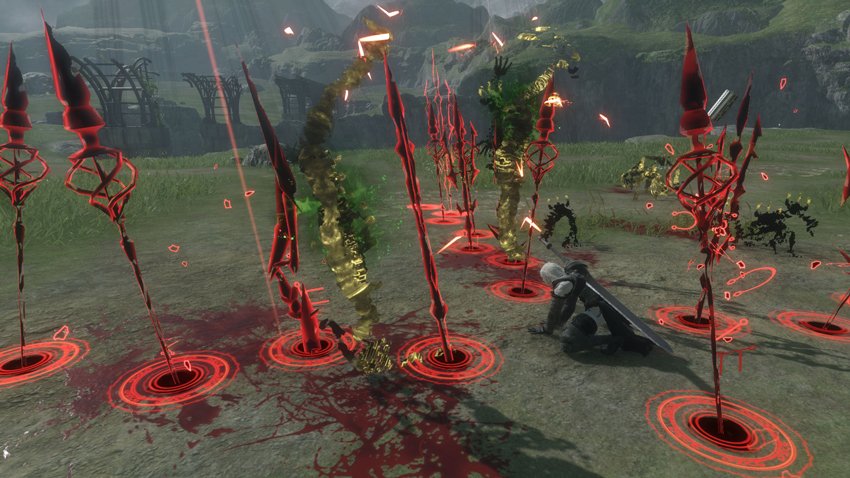 The main character is seen unleashing a powerful magical attack on enemies in Nier Replicant