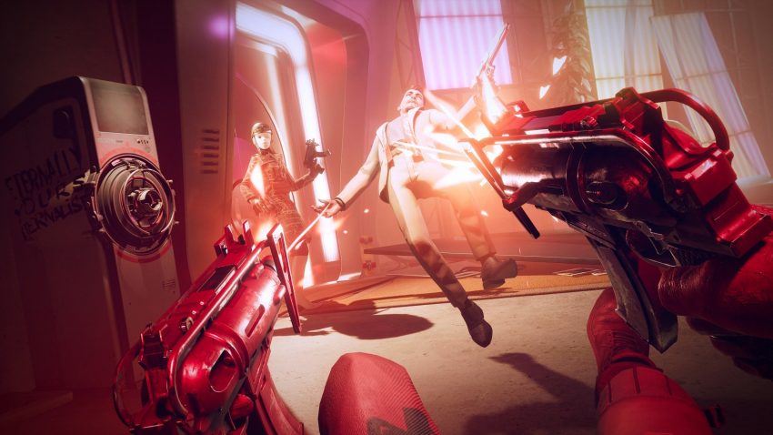 Colt is pictured dual wielding in Deathloop with two sub machine guns.