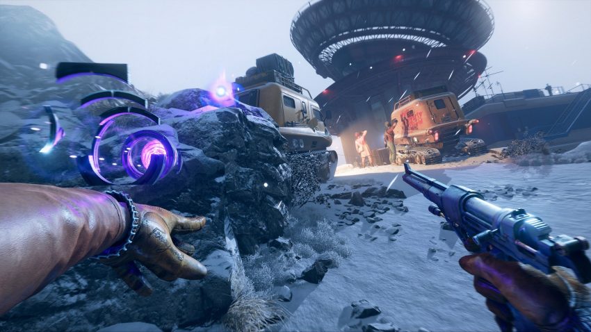 Colt is pictured using one of the slab powers, shift, which allows him to teleport short distances in Deathloop.